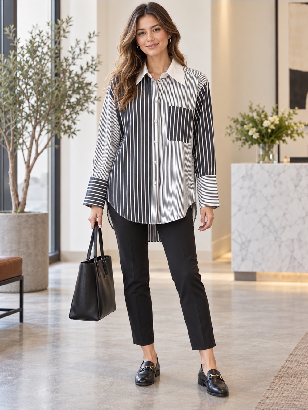 Banana Republic Mixed Stripe Oversized Button Down Shirt Fold-Back Cuffs M